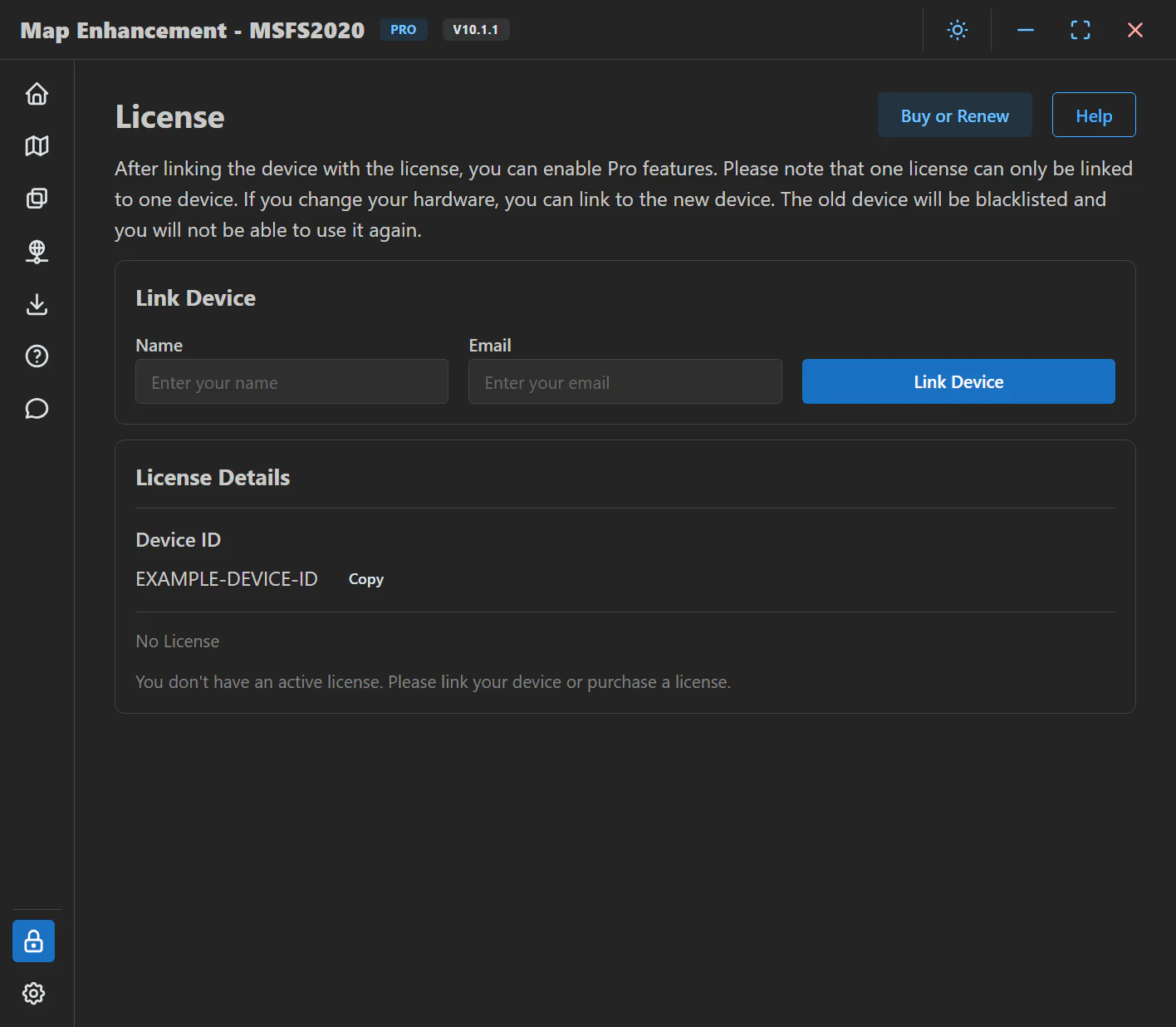 License page: enter the name and email from your confirmation, then click Link Device