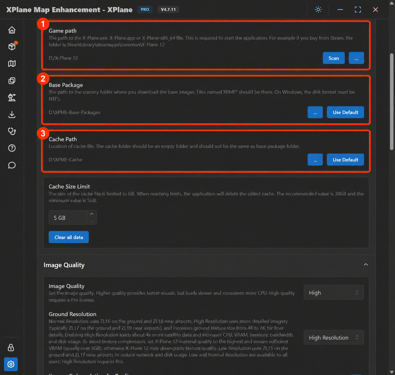XPlane Map Enhancement base settings: 1 Game path, 2 Base Package, 3 Cache Path